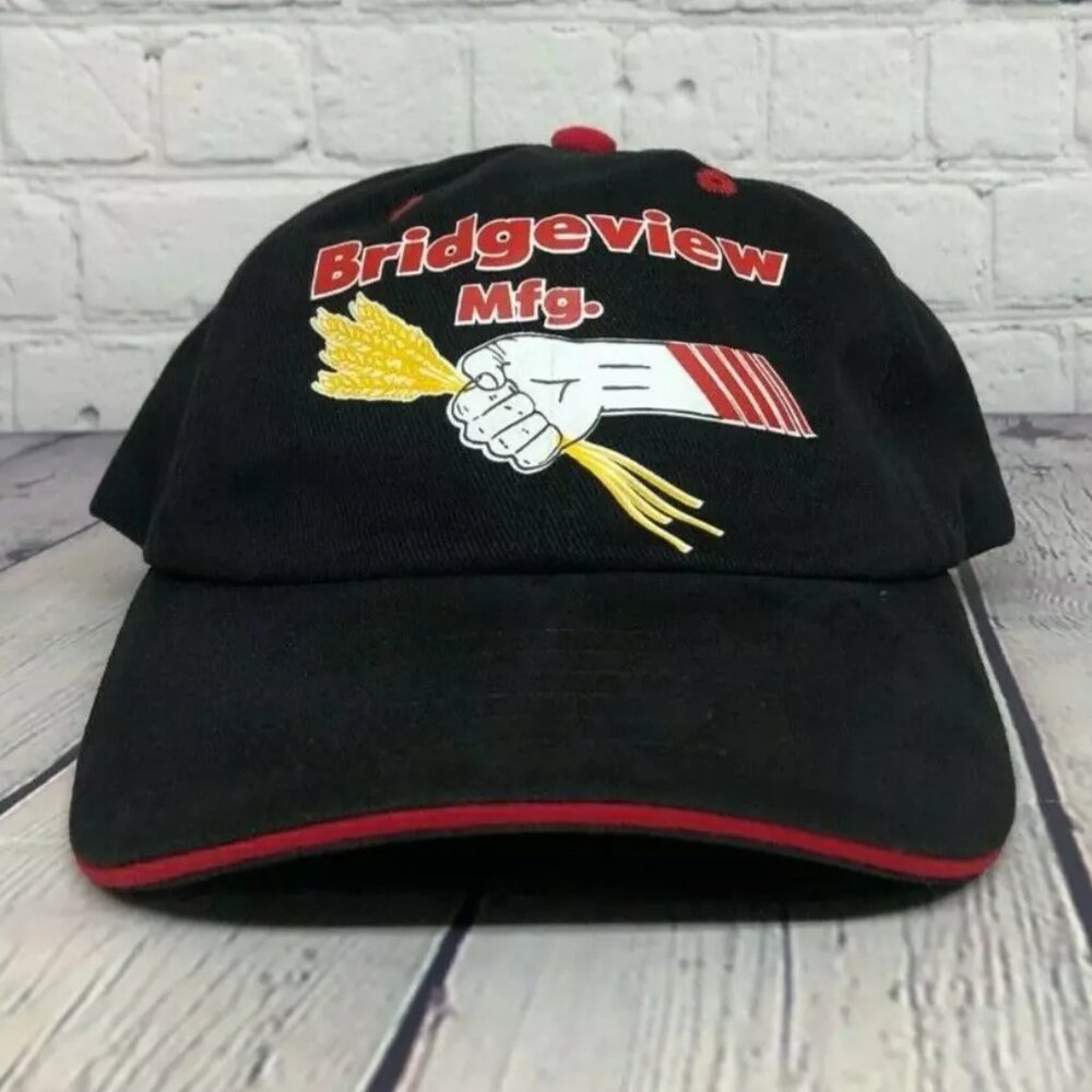 Vintage Hat Cap Strap Back Black Bridgeview Mfg. Farmer Farming Print Logo Wheat